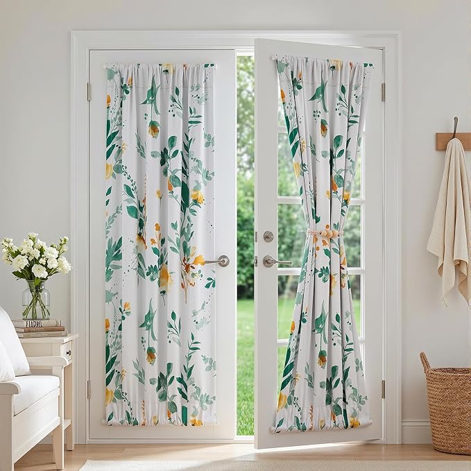 MYSKY HOME Floral French Door Curtains 72 inch Long Set of 2 Blackout Privacy Sidelight Door Window Drapes with Rod Pocket, Yellow and Green, 24" W Each Panel