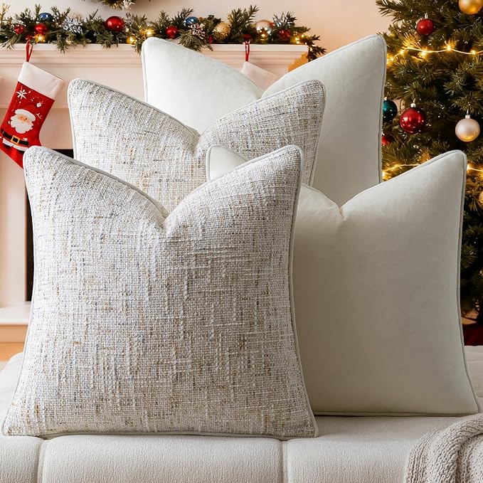 a moment Beige 4 Pack Throw Pillow Covers - Chenille & Velvet Set with Piping, Farmhouse Textured Design Cushion Cases for Couch Sofa Bed (18x18 Inch, No Insert)