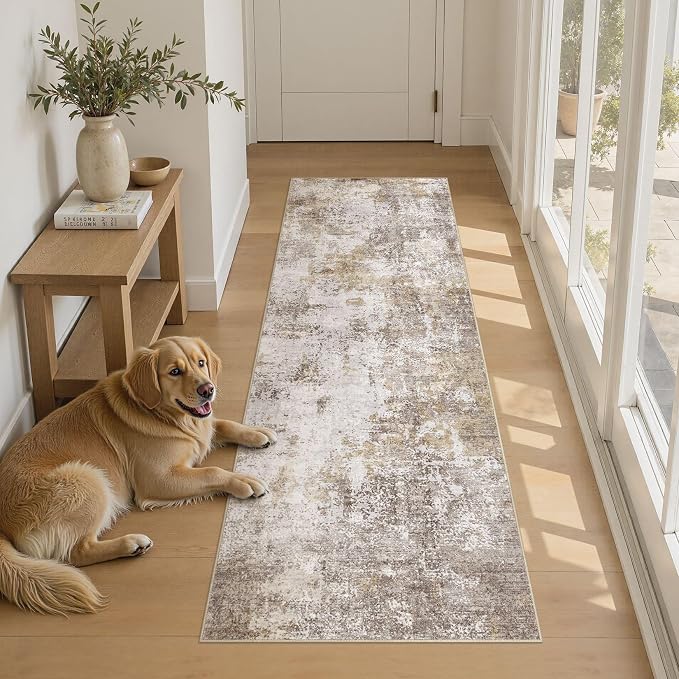 Machine Washable Runner Rug 2x6, Non Slip Soft Rug for Hallway | Modern Abstract Carpet, Stain Resistant and Pet Friendly, Joint-Friendly Indoor Rug, Made for Kitchen, Bathroom - Gold Brown