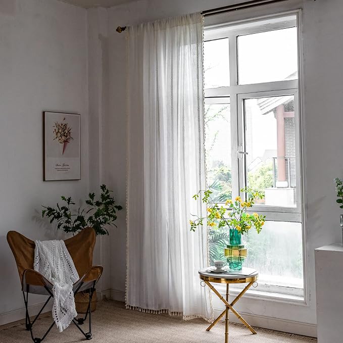 Boho Curtains for Bedroom Embroidery Striped Farmhouse Curtains 63 Inch Length 2 Pannels for Living Room Off White Linen Semi Sheer Rod Pocket Drapes(52" W x 63" L,White)