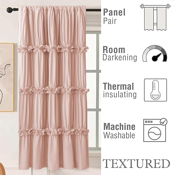 Homechoice Decor Thermal Insulated Window Curtains, 42" W x 63" L (Pair) | Ruched Blackout Window Treatments with 3 Rows of Butterfly Flowers, Rustic Rod Pocket Drapes for Room, Peach Pink (LQ-30)
