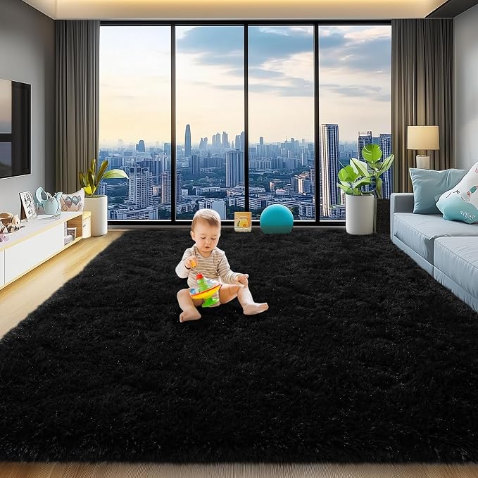qulint 8x10 Rug for Living Room, Soft Fluffy Black Rug for Bedroom Boy Room | Shag Shaggy Large Carpet for Living Room, Plush Fuzzy Modern Alfombras for Dorm Kid Room Classroom Nursery Home Decor