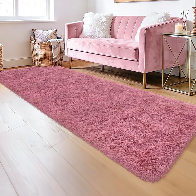 Soft Runner Rug for Bedroom Living Room, 2x8 ft Fluffy Blush Pink Rug for Bedroom Girls Room, Washable Girls Fuzzy Rugs for Kids Room Bedside Nursery Dorm Pink Shag Carpet Runner for Hallway