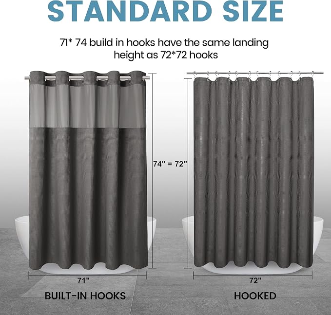 EUTXL Heavyweight Charcoal Grey No Hook Shower Curtain with Snap in Liner,256GSM Waffle Weave Shower Curtains for Bathroom,71W x 74H