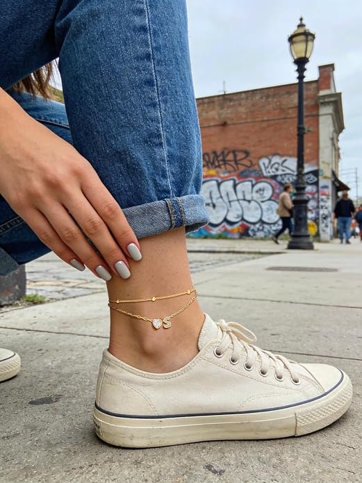 Bestyle Initial Anklet Bracelets for Women Waterproof Non Tarnish 14K Gold/White Gold Plated CZ Anklets for Women Dainty Layered Letter Heart Ankle Bracelets Adjustable Foot Chain Anklet