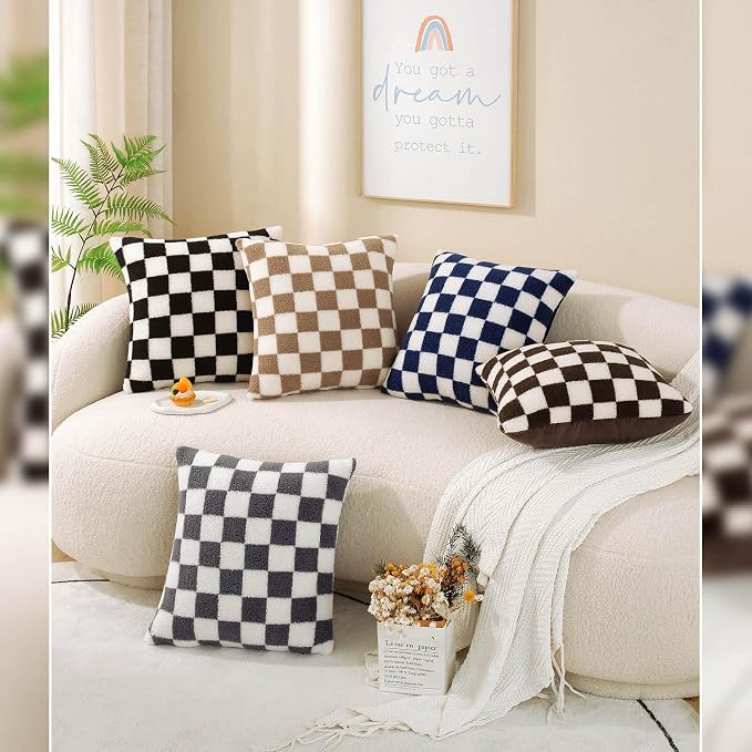 AmHoo Pack of 2 Decorative Throw Pillow Covers Checkerboard Luxury Super Soft Faux Fur Wool Set Case Cushion for Couch Sofa Bedroom 24 x 24-Inch Black