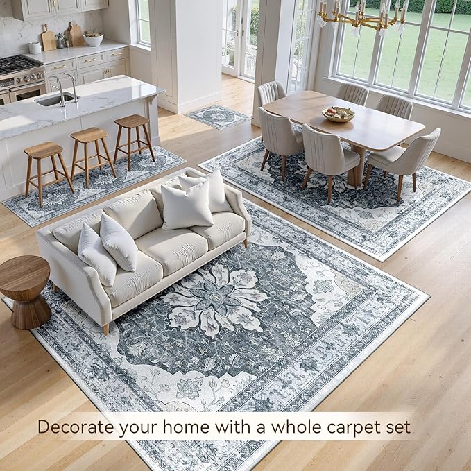 RELEANY Area Rugs 6'x9' Washable Non-Slip, Floral Vintage Distress Medallion Carpet for Living Room Bedroom Dining Room, Light Gray Grey White