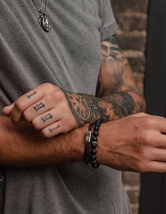 Forge & Foundry Men’s Matte Black Solid Onyx Beaded Bracelet | 10mm, 8mm, 6mm Bead Size Options | Signature Stainless Steel Engraved Bead | Andalus
