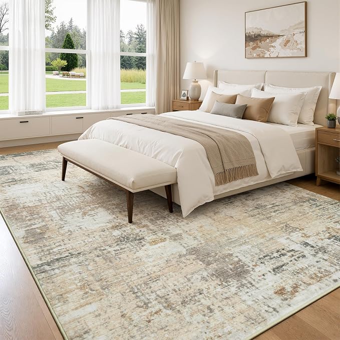 Rugflix 5x7 Area Rugs for Living Room, Washable Large Rug Stain-Resistant Low Pile, Modern Neutral Carpet for Dining Room Home Office Kid Room Nursery Bedroom, Gold/Beige/Grey