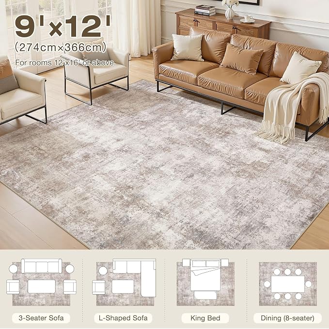 9x12 Area Rugs for Living Room, Washable Non Slip Bedroom Carpet | Neutral Modern Abstract Large Area Rug, Soft Low Pile Lightweight Made for Dining Room, Nursery, Home Office Decor - Brown