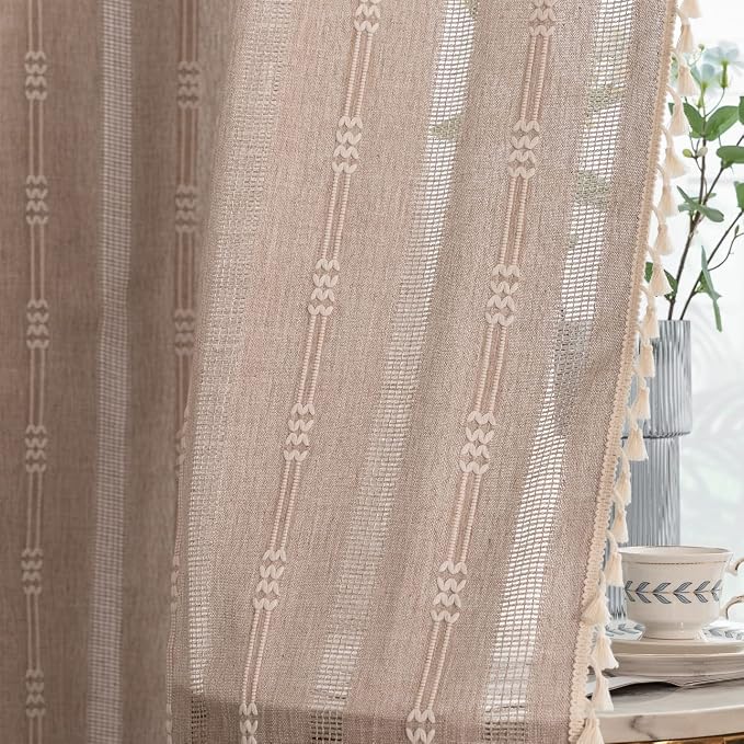Linen Curtains 108 Inches Long for Living Room 2 Panels Set, Embroidery Farmhouse Tassel Boho for Bedroom Light Filtering Window Rod Pocket Drapes (52" W x 108" L, Khaki)