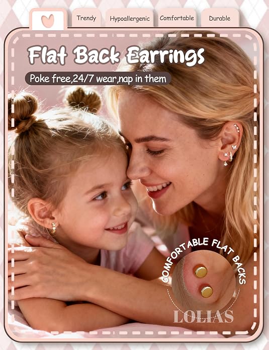 LOLIAS Hypoallergenic Flat Back Earrings for Women Girls-Surgical Stainless Steel Earrings for Sensitive Ears-Cute Flatback Stud Earring Set Small Hoops Cartilage Earring Stacks