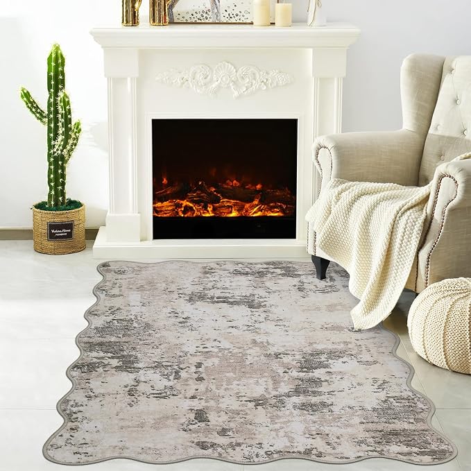 ROYHOME Modern Abstract 2x3 Scalloped Area Rug Non Slip Non Shedding Low Pile Stain Resistant Rug for Entryway Kitchen Bedroom,Brown Grey