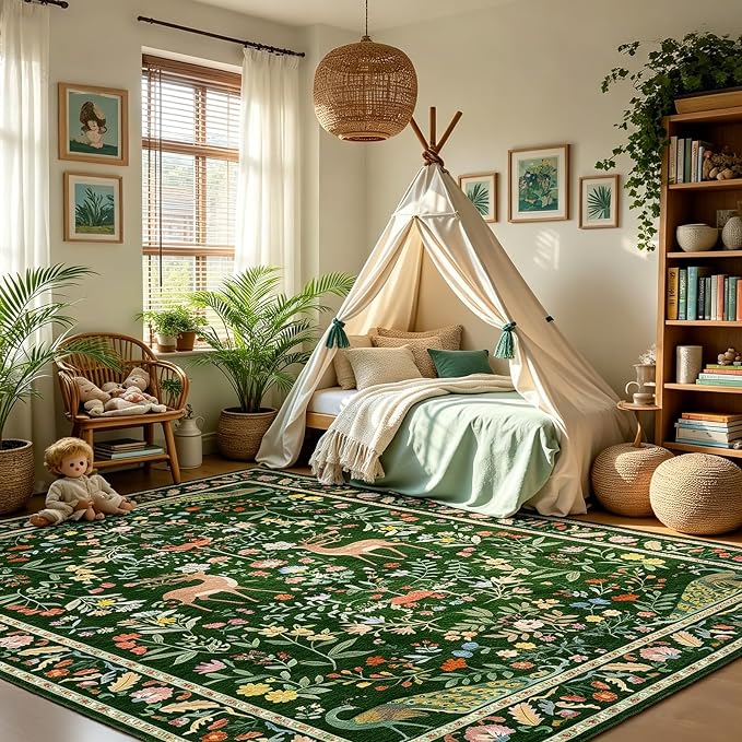 Lunasun Green 5x7 Area Rug for Living Room - Cottage Core Rug for Bedroom, Dining Room, Kids Playroom, Home Office, Floral Washable Non Slip Floor Décor