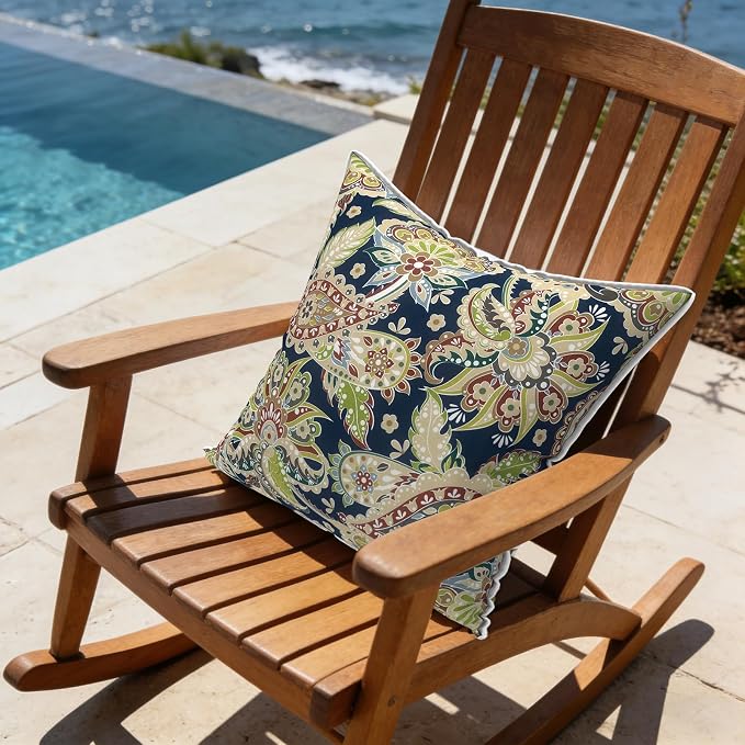 LVTXIII Outdoor Throw Pillows 18x18 Patio Waterproof Square Pillows with Piping Fade Resistant Accent Pillow for Spring Summer Garden Decoration, Set of 2, Paisley Sapphire Blue