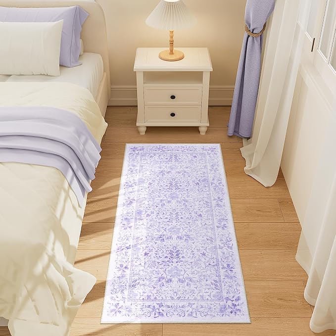 DUKINO 2x4 Rug, Washable Vintage Floral Bathroom Runner Rug, Purple | Non Slip, Low Pile, Stain Resistant, Aesthetic Lightweight Soft Indoor Carpet for Kitchen Entryway Hallway Bathroom Bedroom