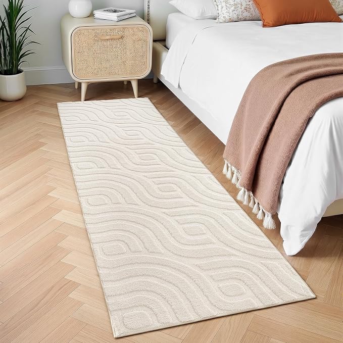 SHACOS 2x6 Runner Rugs for Bedroom Beige Solid Color Fluffy Rug for Living Room Non Slip Washable Indoor Mat Floor Carpet for Hallway Entryway Kitchen Bathroom, High-Low Pile Boho Modern Rug