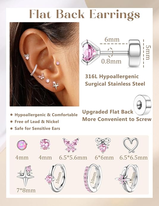 Kakonia Hypoallergenic Flat Back Earrings for Women Men Surgical Steel Earring for Sensitive Ears, 14K Gold Plated Stainless Steel Flatback Stud Hoop Cartilage Earring Stacks for Multiple Piercing