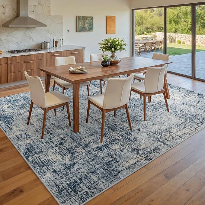 8x10 Area Rugs for Living Room Washable Rug: Anti-Skid Abstract Modern Living Room Rug Soft Thin Carpets Indoor Floor Non-Shedding Carpet for Bedroom Dining Farmhouse Nursery Home Office Blue Gold