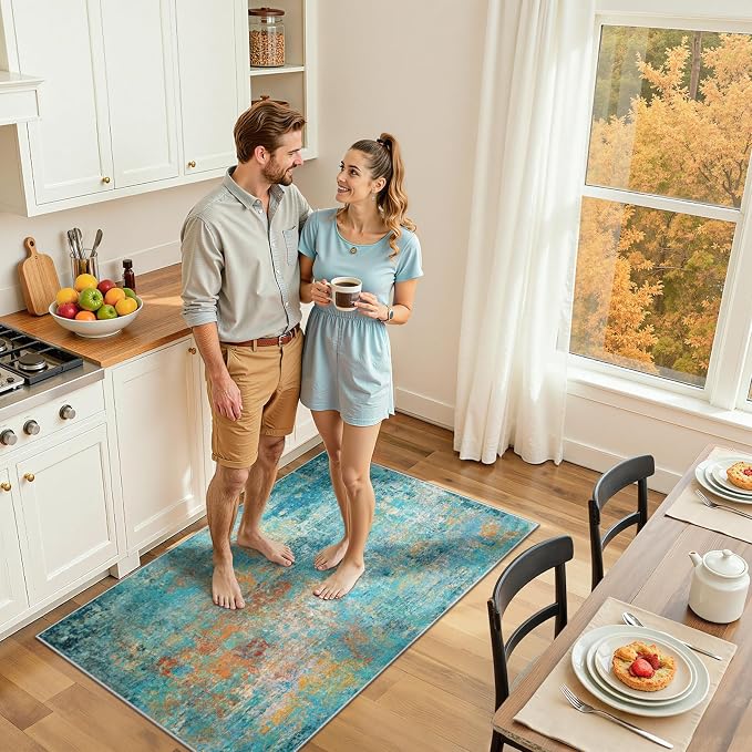 RELEANY Washable Area Rugs 3'x5' Non-Slip Modern Abstract Soft for Living Room Entryway Bedroom Kitchen, Print Pattern, Teal Blue Green Orange Rust Red Coloreful