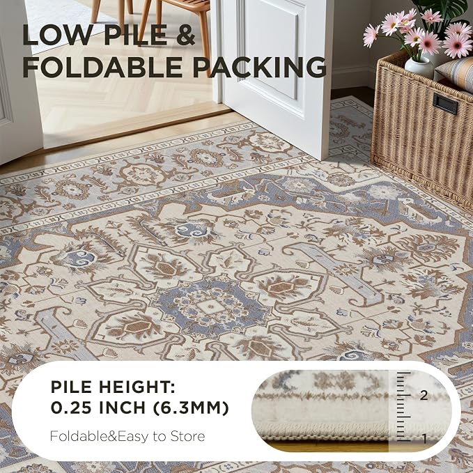 Joydeco 5x7 Area Rugs for Living Room, Non Slip Machine Washable Vintage Rug, Low Pile Chenille Print Rugs for Bedroom, Dining Room, Home Office, Pet & Child Friendly, Beige & Blue & Reddish-Brown
