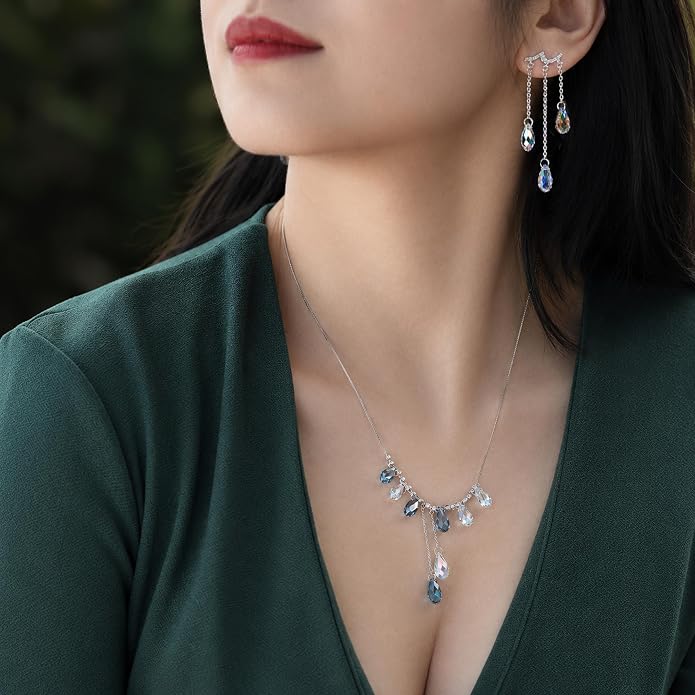 925 Sterling Silver Handmade Crystals Rain Drop Tassel layered Pendant Boho necklace statement Chandelier shape Lobster Clasp Length Choker 18"+2" Ideal Gift for Women Ladies Dress accessories.