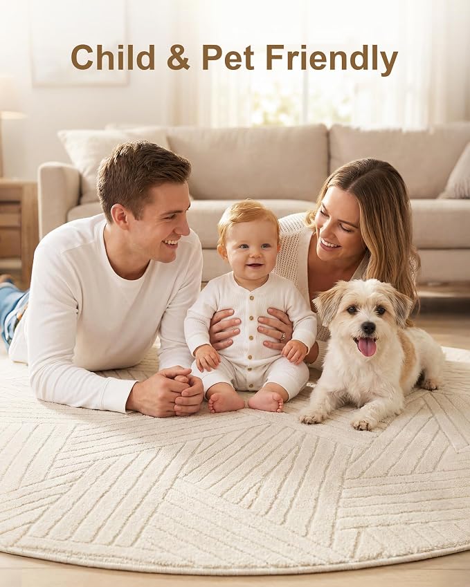 Carvapet 5.2' Round Rug Washable High Low Pile Area Rug Soft Plush Beige Carpet for Living Room Bedroom Non Slip Indoor Floor Rug for Home Kids Nursery Decor
