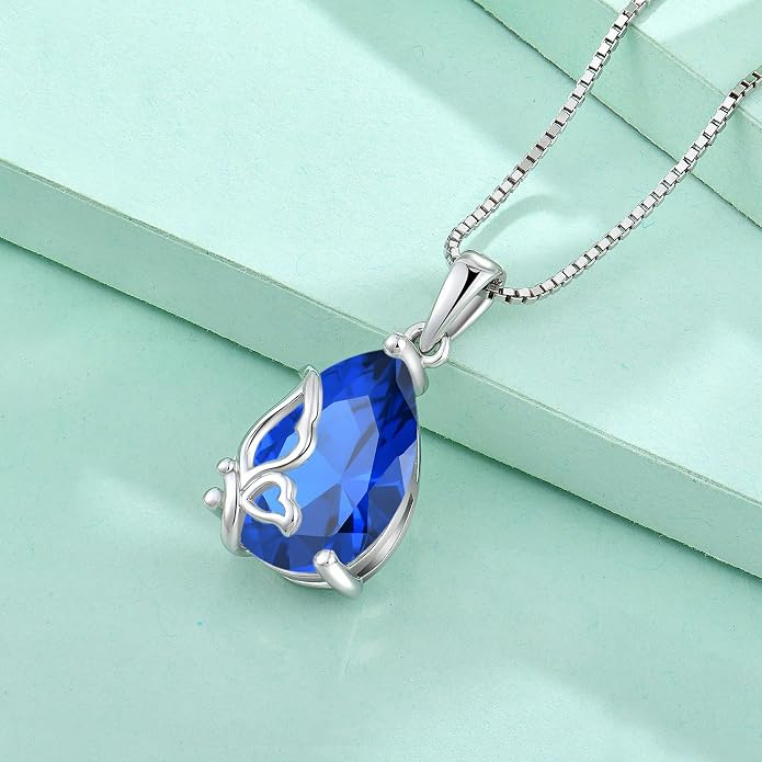 Teardrop Necklace 925 Sterling Silver Butterfly Pendant Necklace Birthstone Jewelry for Women