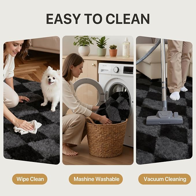 GENIMO Checkered Rug 6x9 Area Rugs for Kids Bedroom Soft Shag Rug Fluffy Fuzzy Carpet Plush Rugs for Living Room Nursery Playroom Dorm Modern Home Decor Aesthetic, Black and Grey
