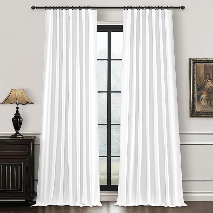 Pure White Blackout 102 Inch Long Curtains for Bedroom, Funky Heavy Linen Ceiling Track Nursery Curtain Heart/Cold Block Sound Dampening Pleat Window Drapes 2 Panels Aesthetic Decor 8.5FT Length Burg