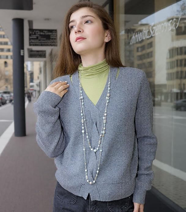 Long Beaded Silver Necklaces for Women Layered Long Statement Necklace with Stone Pearl Beads Double Sweater Chain Costume Jewelry for Women