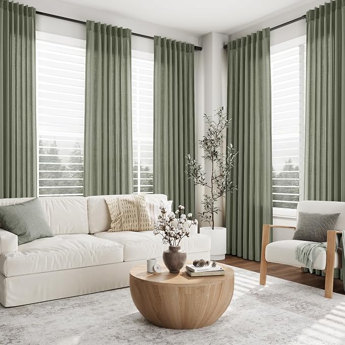 Aersas Forest Green Pleated Linen Curtains 102 Inches Long 2 Panels Set for Living Room Bedroom Neutral Farmhouse Back Tab Semi Sheer Pinch Pleat Ceiling Floor 102 Inch Large Window Curtain