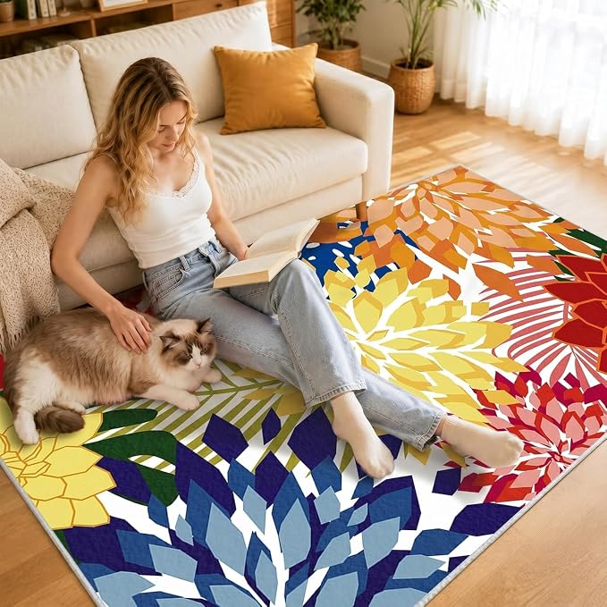 ZonLi Colorful Outdoor Rug 6x9Ft Waterproof Multicolored Indoor Area Rug Washable Outdoor Patio Rugs Tropical Floral Non Slip Outdoor Carpet for Living Room, Pool,Backyard,Deck,Camping