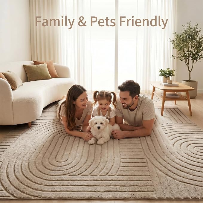 Brown 5x7 Geometric Solid Color Area Rugs, Washable Living Room Rug | Ultra Soft Plush Modern Boho Carpet, High-Low Pile 3D textured Durable Non-Slip 5'x7' Rugs for Bedside, Nursery, Apartment