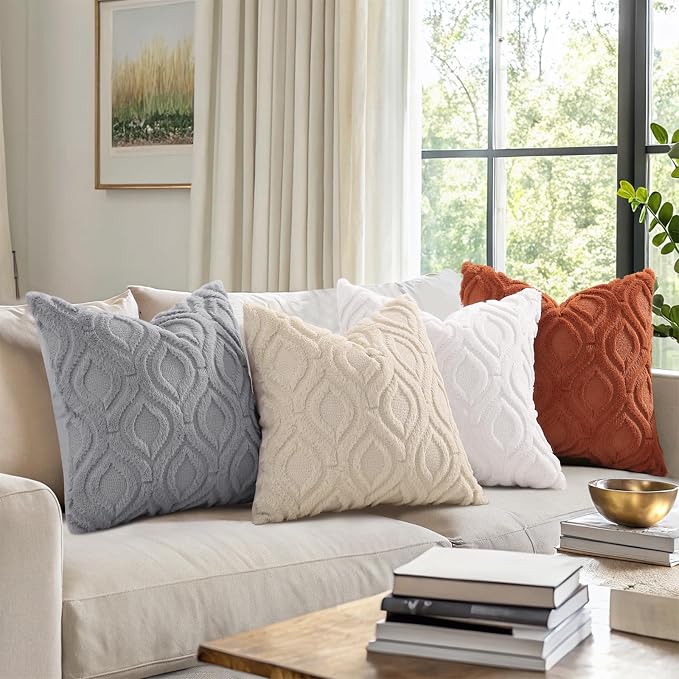 decorUhome White Rust Faux Fur Soft Throw Pillow Covers 18x18 Set of 4 | Fall Neutral Decorative Plush Couch Pillow Covers, Accent Modern Farmhouse Neutral Pillow Cases for Sofa Bed Living Room