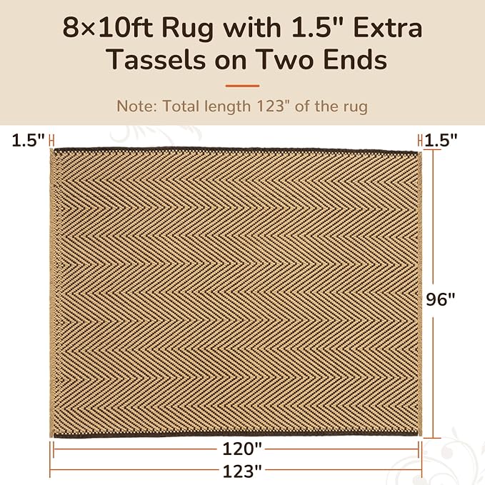 8x10 Washable Boho Area Rug with Tassels for Living Room Beige Coffee | Vacuum Friendly, Machine Washable, Non-Slip Rug, Modern Farmhouse Neutral Decor Carpet, Bedroom Dining Room Office Kitchen
