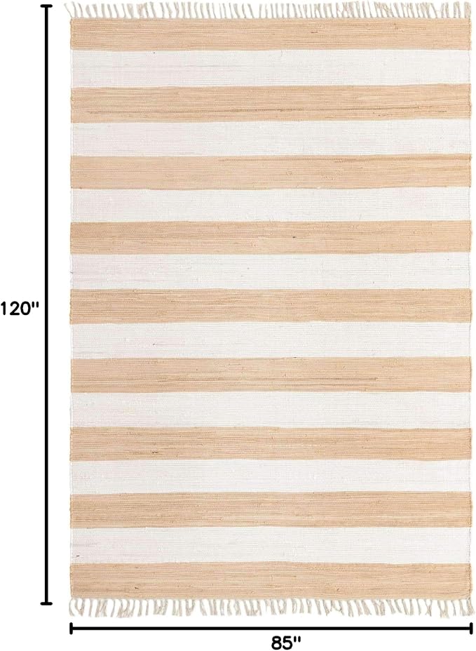 Unique Loom Chindi Rag Collection Area Rug - Striped (7' 1" x 10' Rectangle, Beige/ Ivory)