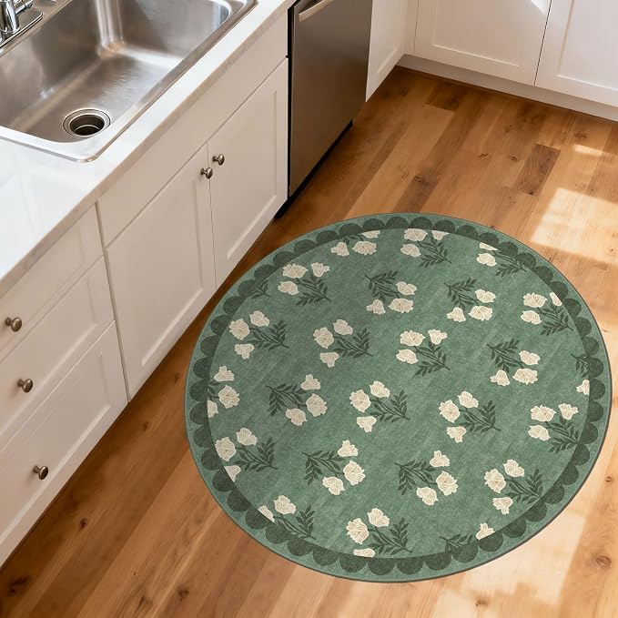 Sage Green 3ft Entryway Round Rug - 3x3 Small Washable Boho Floral Scalloped Round Bathroom Rug Non Slip Front Door Mat Indoor Stain Resistant Circle Area Rugs for Bedroom Entryway Kitchen