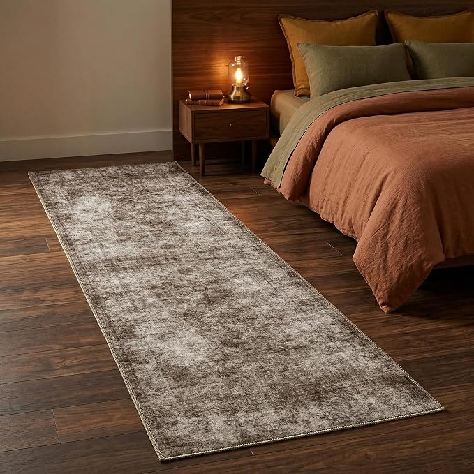 Homemate Washable Rug 2x6 Area Rugs - Vintage Faux Wool Rugs for Living Room Bedroom Dining Room - Non Slip Foldable Carpet Indoor Area Rug for Home Decor（2'x6', Brown