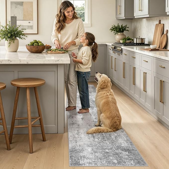 Machine Washable Runner Rug 2x6, Non Slip Soft Rug for Hallway | Modern Abstract Carpet, Stain Resistant and Kid & Pet Friendly, Joint-Friendly Indoor Rug, Made for Kitchen, Bathroom - Gray