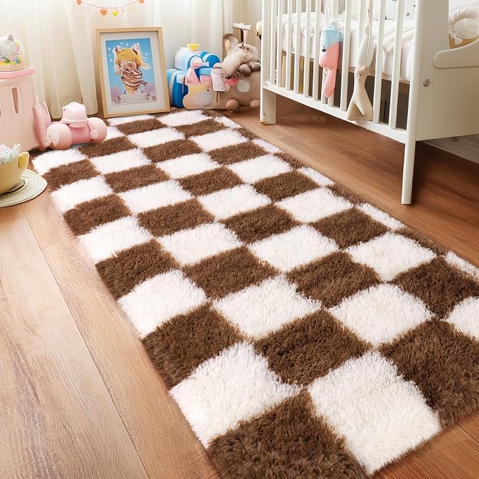 Pionblank Checkered Rug for Bedroom 2x6, Fluffy Runner Rugs for Living Room, Super Soft Shaggy Bedside Carpet for Kids Room Nursery Teens Dorm Decor, Brown and Cream White