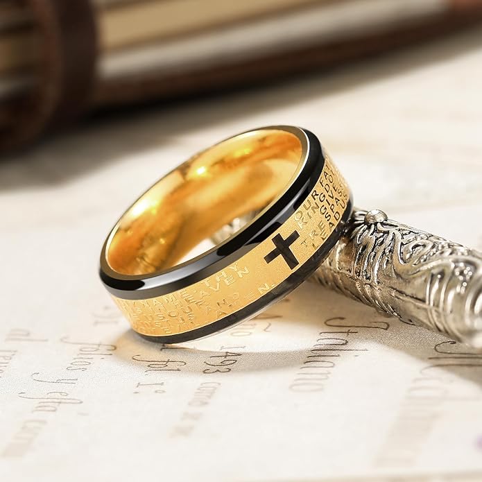 King Will Stainless Steel Men Ring Lord's Prayer Cross Ring Stainless Steel Men Wedding Ring, Wedding Band Bible Engraved Rings High Polished, Comfort Fit