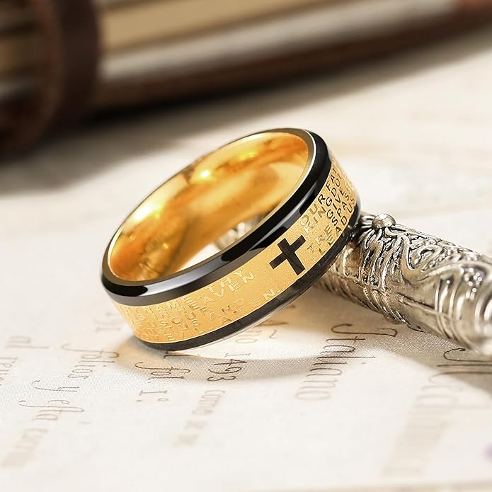 King Will Stainless Steel Men Ring Lord's Prayer Cross Ring Stainless Steel Men Wedding Ring, Wedding Band Bible Engraved Rings High Polished, Comfort Fit