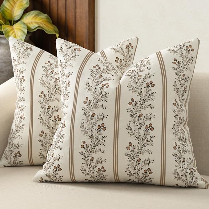 Vintage Throw Pillow Covers 18x18 Set of 2 Striped Floral Pillow Cover | Botanical Patterned Decorative Cushion Covers Modern Farmhouse Home Decor for Sofa Couch Bed Living Room Latte