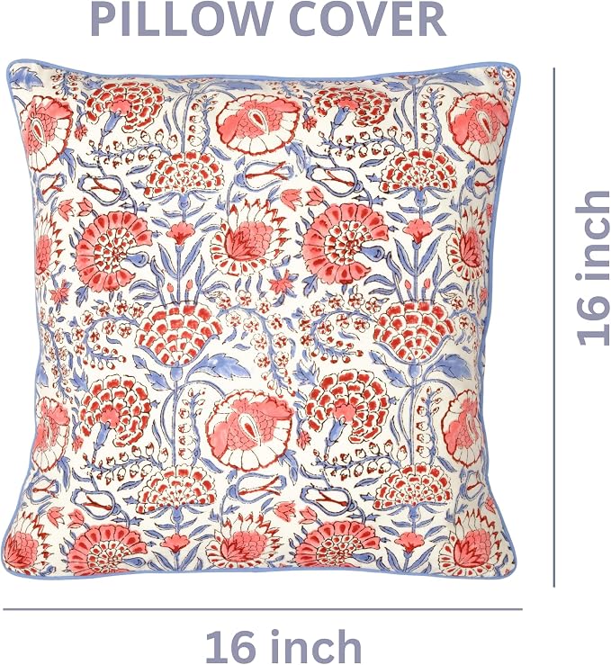 Ridhi Block Print Flamingo Pink Pillow Cover 16" x 16" (Pack of 2) Decorative Couch Pillows for Living Room, Farmhouse Chic Boho Cute Outdoor Pillows Covers Gifts for Spring, Mother's Day