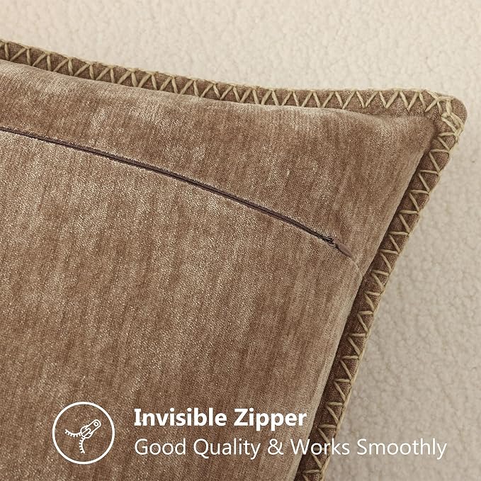 decorUhome Soft Chenille Throw Pillow Covers 20x20 Set of 2 Brown | Fall Textured Decorative Throw Pillow Cases Stitched Edge Modern Farmhouse Luxury Boho Velvet for Couch Sofa Bed Home Decor