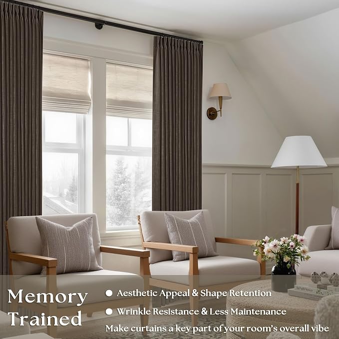 Dark Chocolate 96 Inch Pinch Pleated Semi Sheer Linen Curtains 2 Panels | for Living Room Bedroom, Memory Training Shaped, Light Filtering, Pinch Pleat Drapes with Hooks Rings, Window Curtains 40x96