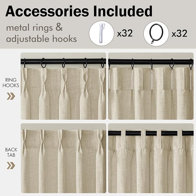MIULEE 4 Panels Set Pinch Pleated Linen Curtains 84 Inches Long for Living Room Bedroom, Thick Linen Textured Memory Trained Drapes Pleat Back Tab Light Filtering Beige Window Curtains with Hooks