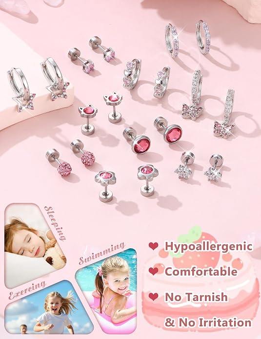 LOYALLOOK 14Pairs Hypoallergenic Screwback Earrings for Women Girls Tiny CZ Pearl Ball Heart Flower Screw Back Earring Studs 316L Stainless Steel Stud Earrings Flatback 20G Over 3 Years Old