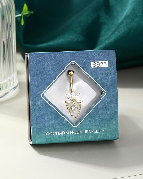 COCHARM Lotus 14K Gold Plated Belly Button Rings 925 Sterling Silver Belly Button Ring Dangle Navel Piercing Jewelry 10MM